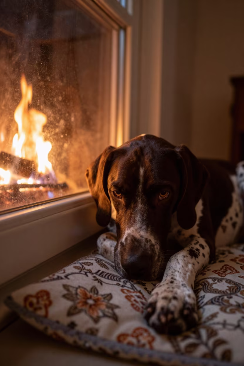 Portuguese Pointer resting on bedspread near window in on a bedspread near a bright window with calm indoor light near Galway