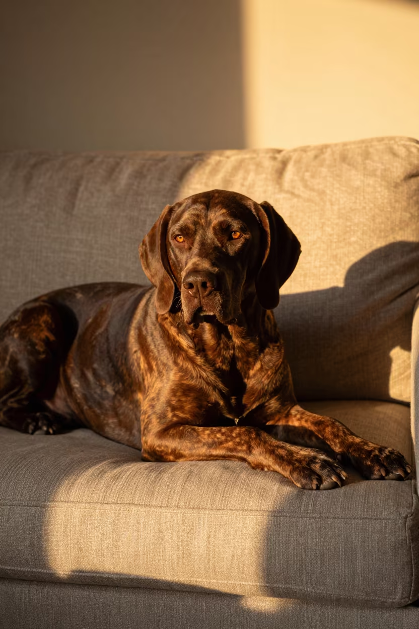 Portuguese Pointer resting on linen sofa in Chongqing in on a linen sofa with daylight from a nearby window in Chongqing
