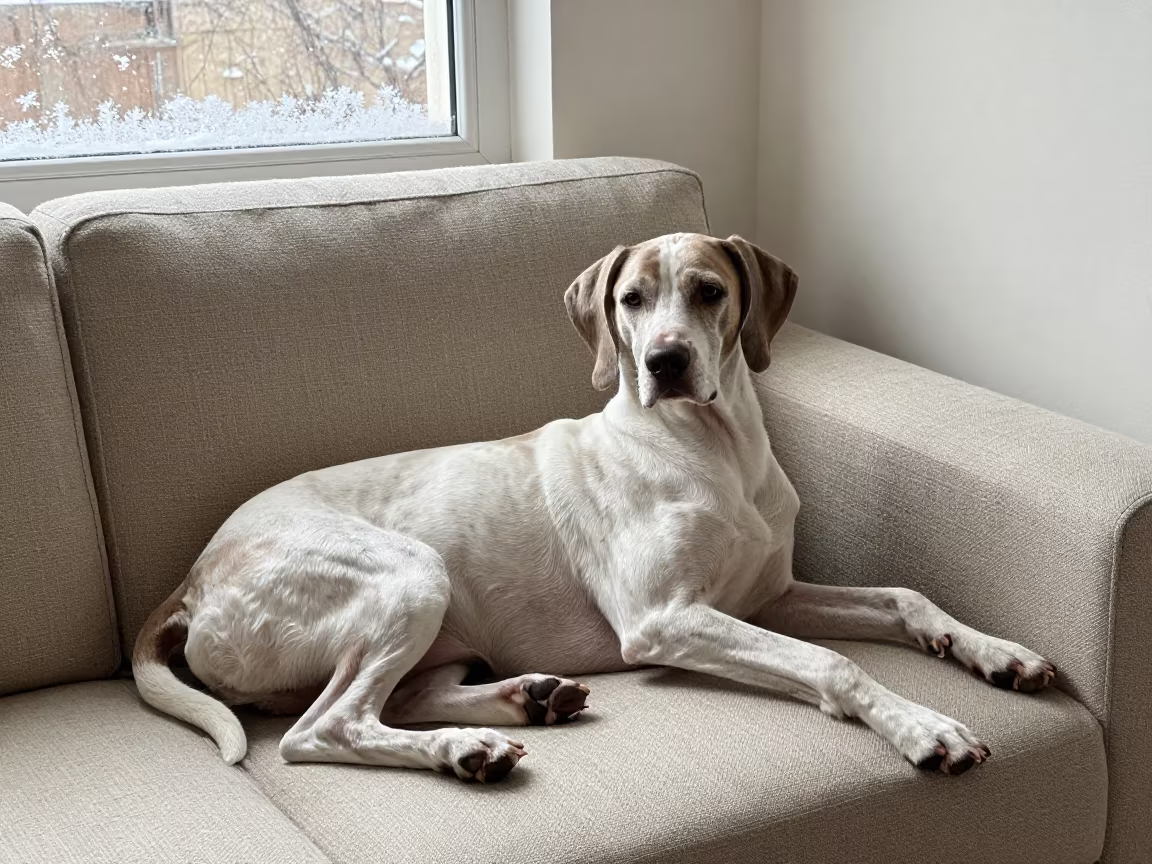 Portuguese Pointer Resting on Linen Sofa in Etah in on a linen sofa with daylight from a nearby window in Etah