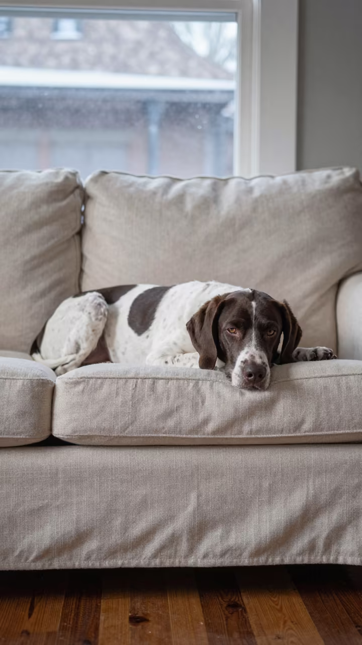 Portuguese Pointer Resting on Linen Sofa in Treme in on a linen sofa with daylight from a nearby window in Treme, New Orleans