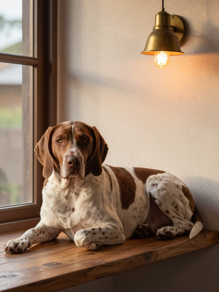 Portuguese Pointer Resting on Sumbawanga Window Seat in on a window seat in a quiet apartment with soft side light in Sumbawanga
