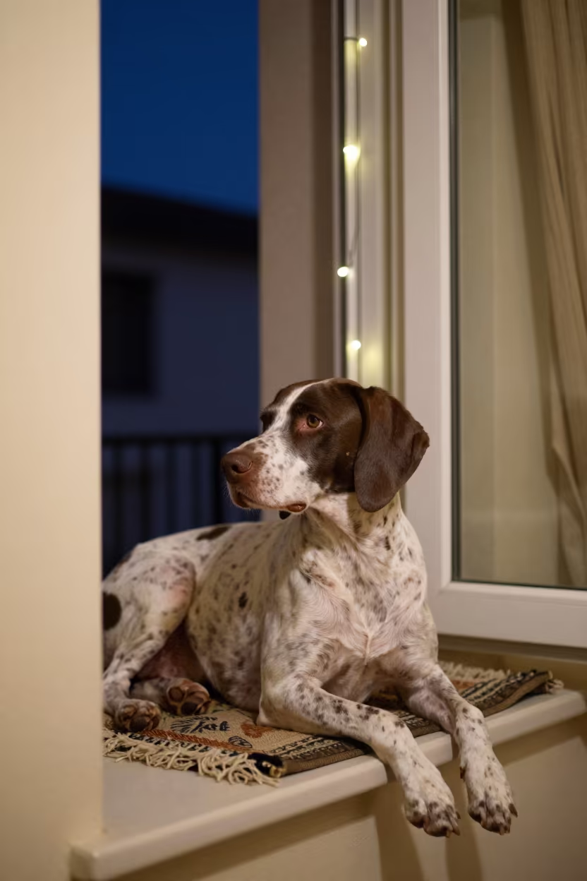 Portuguese Pointer Resting on Window Seat at Night in on a window seat in a quiet apartment with soft side light in Edfu