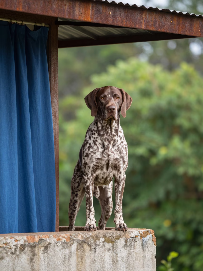 Portuguese Pointer Standing in Medellin Garden Morning Light in near a garden edge with soft morning light and an uncluttered background in Medellin