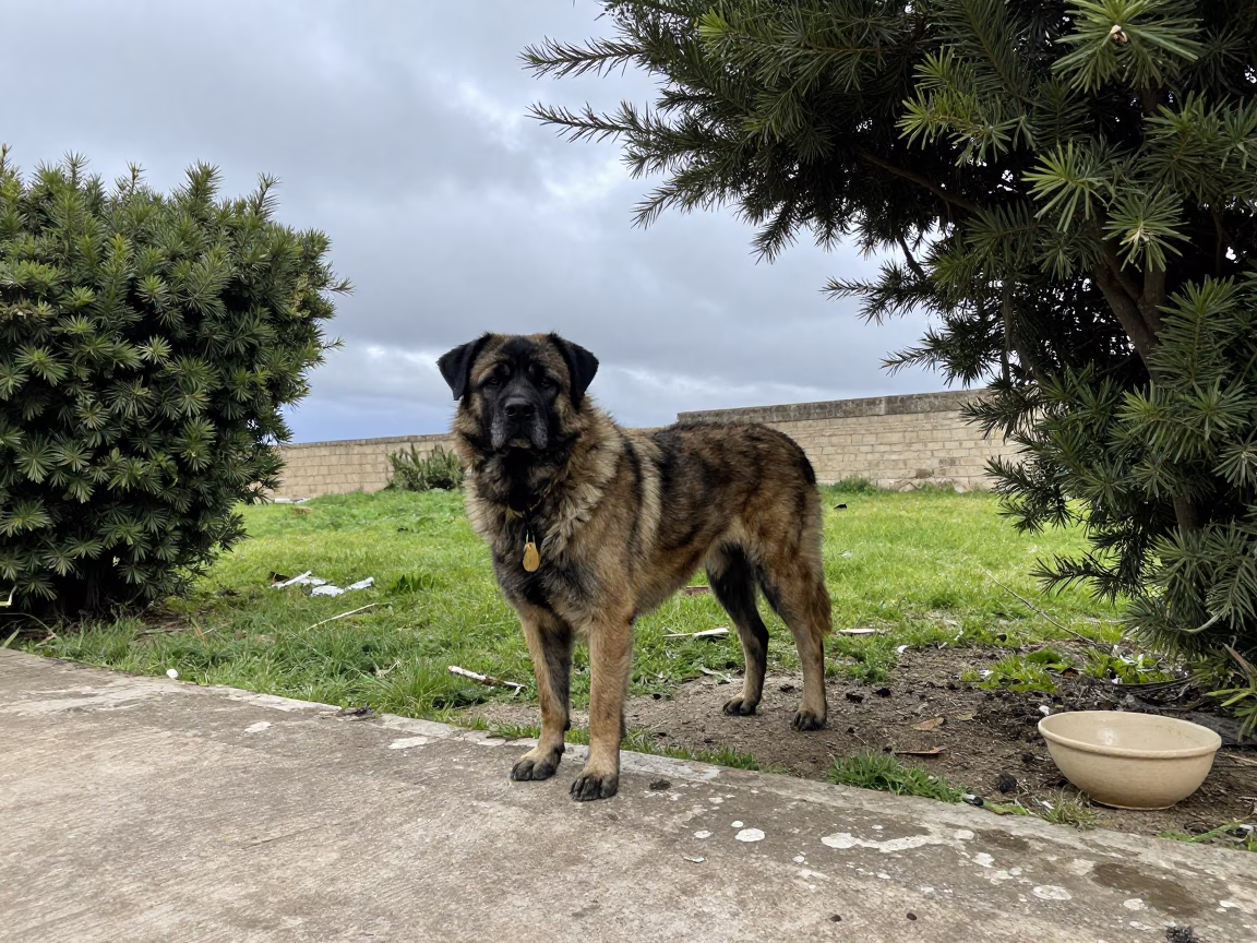Portuguese Sheepdog in Skikda Yard in in a small yard with clipped grass, calm light, and the animal centered in frame in Skikda