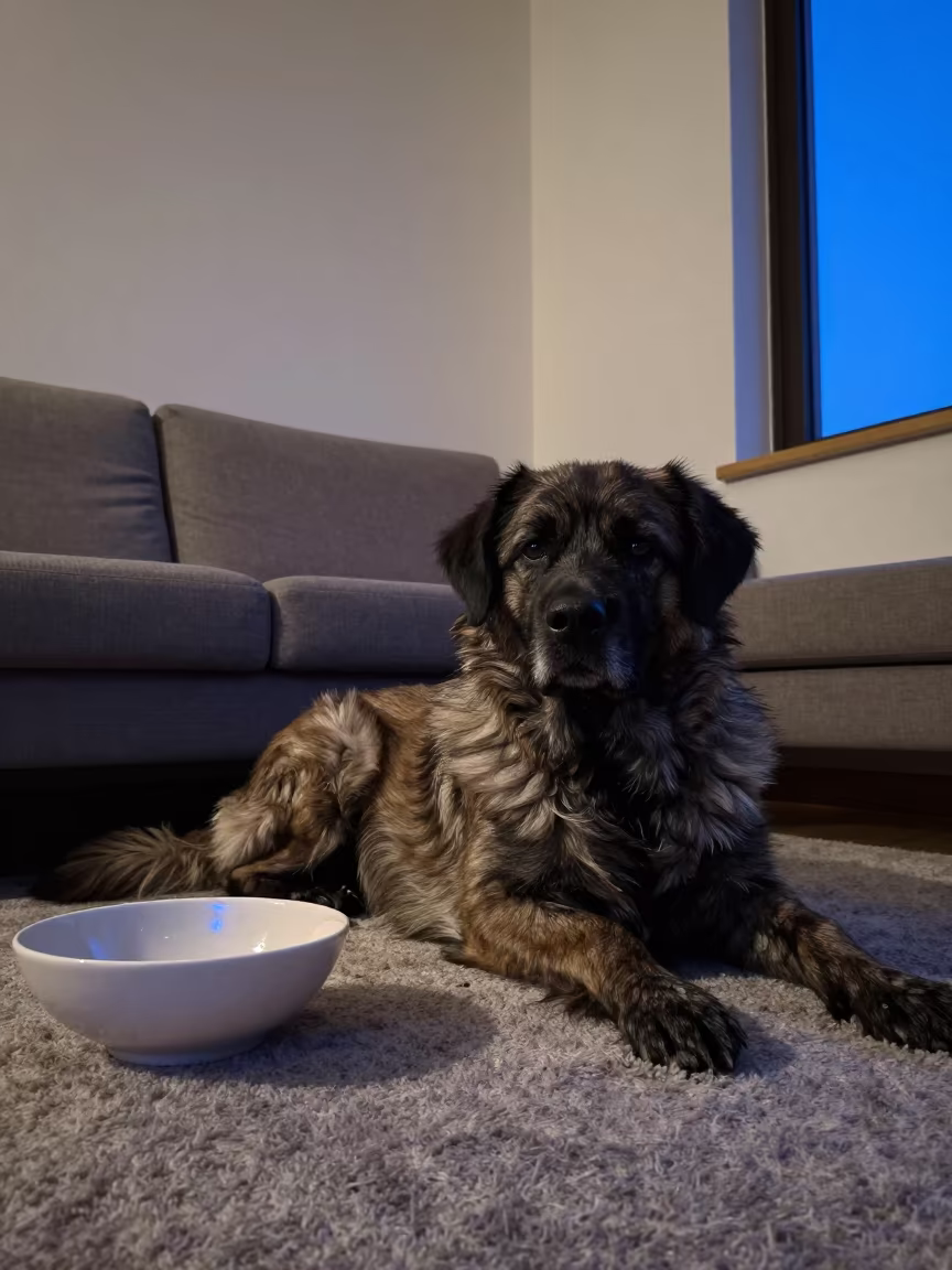 Portuguese Sheepdog on Rug in Durrës Home in on a woven rug beside a low couch and an uncluttered wall in Durrës