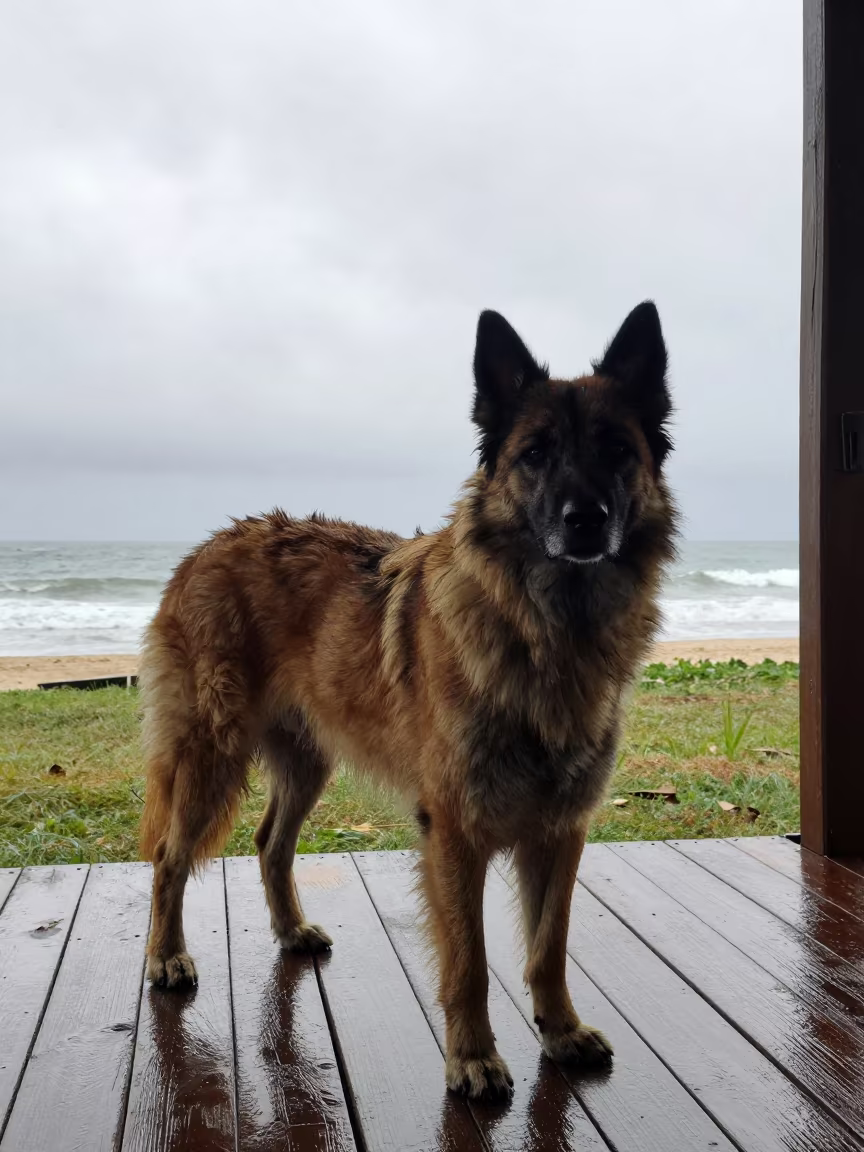 Portuguese Sheepdog on Shaded Caracas Porch in on a shaded front porch with boards, railings, and eye-level framing near Caracas