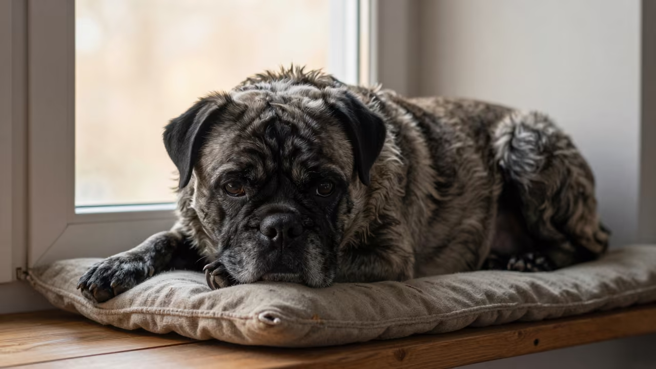 Portuguese Sheepdog on Window Seat in Van in on a window seat in a quiet apartment with soft side light in Van