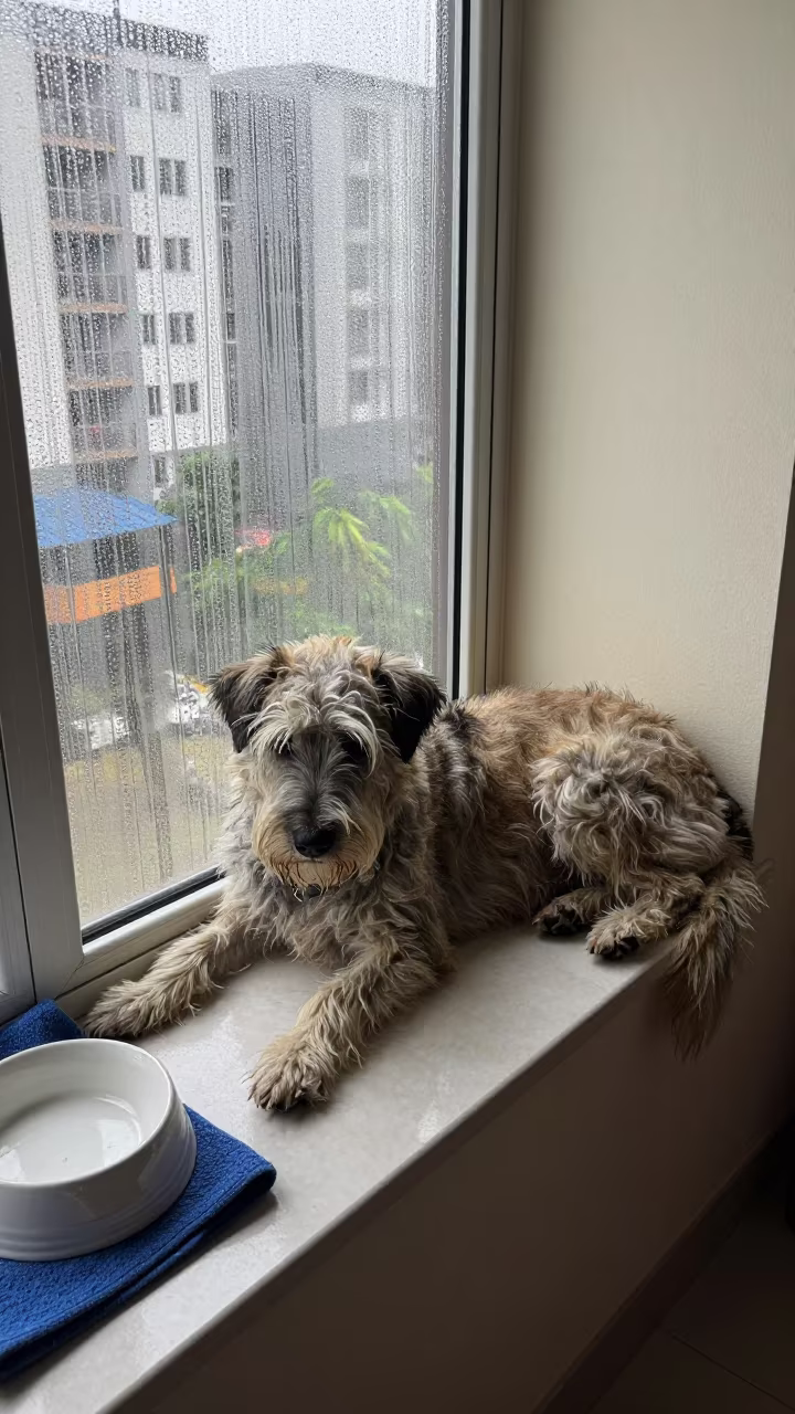 Portuguese Sheepdog on Window Seat Navi Mumbai in on a window seat in a quiet apartment with soft side light in Navi Mumbai