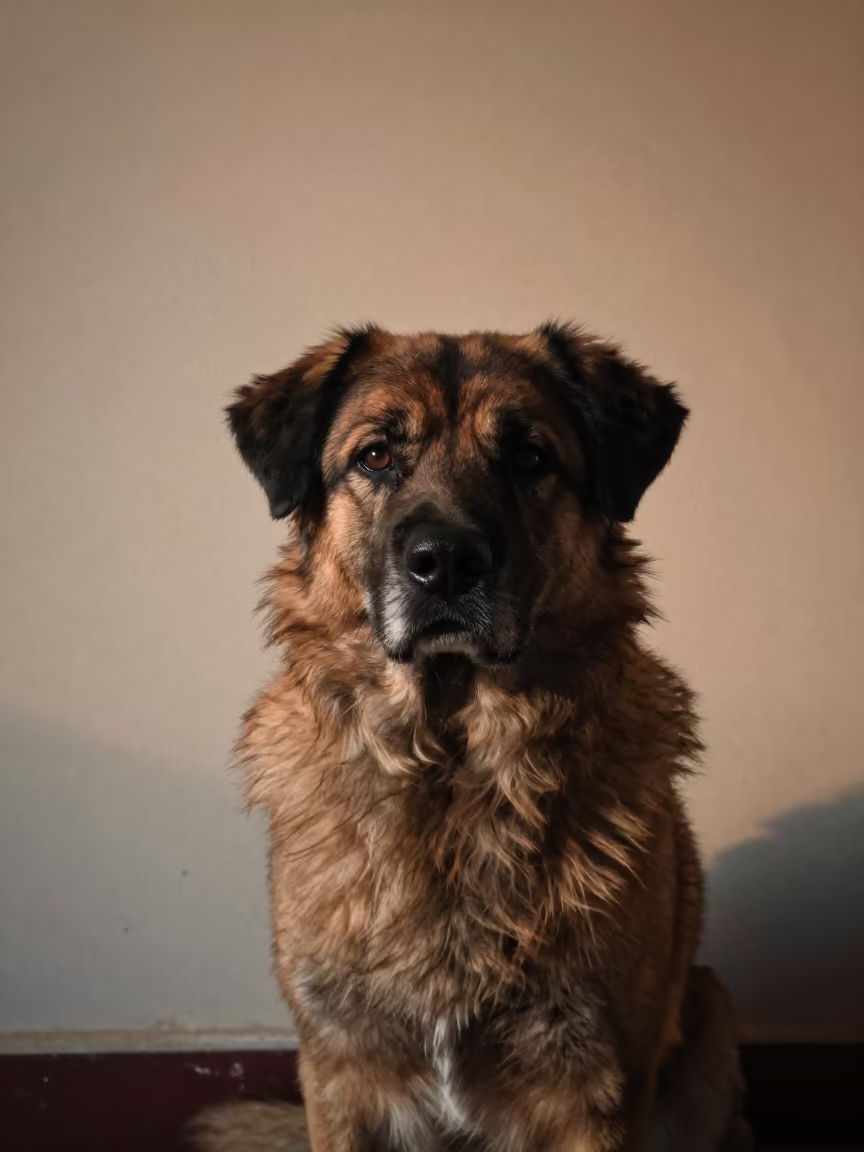 Portuguese Sheepdog Portrait by Plaster Wall in beside a plain plaster wall in soft indoor light with the animal centered in frame in Gorakhpur