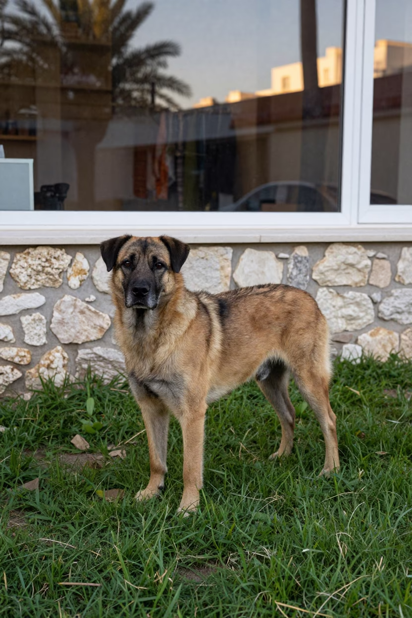 Portuguese Sheepdog Portrait in Alanya Yard in in a small yard with clipped grass, calm light, and the animal centered in frame near Alanya