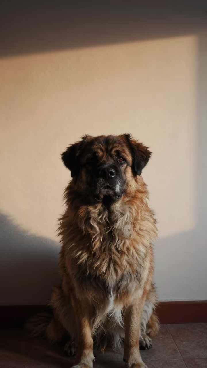 Portuguese Sheepdog Portrait in Harare Light in beside a plain plaster wall in soft indoor light with the animal centered in frame in Harare