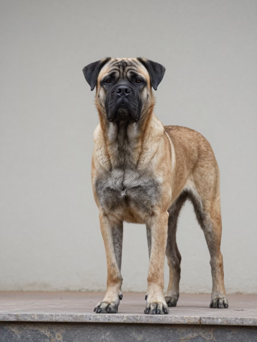 Portuguese Sheepdog Portrait in Maseru Courtyard in beside a plain courtyard wall in clear daylight with the animal at eye level in Maseru