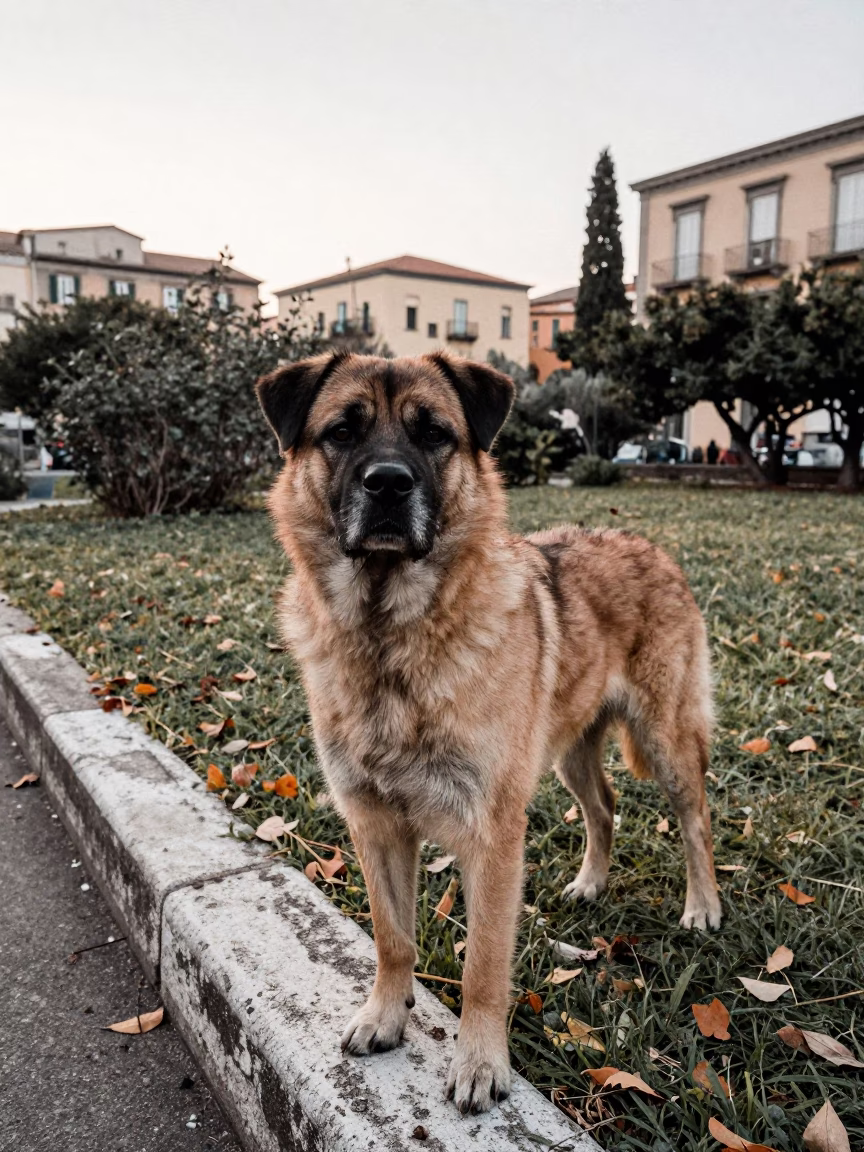 Portuguese Sheepdog Portrait Near Naples Garden Edge in near a garden edge with soft morning light and an uncluttered background near Centro Storico, Naples