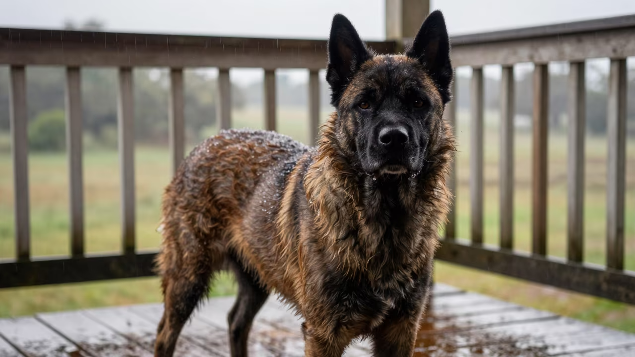 Portuguese Sheepdog Portrait on Pointe-Noire Porch in on a shaded front porch with boards, railings, and eye-level framing in Pointe-Noire