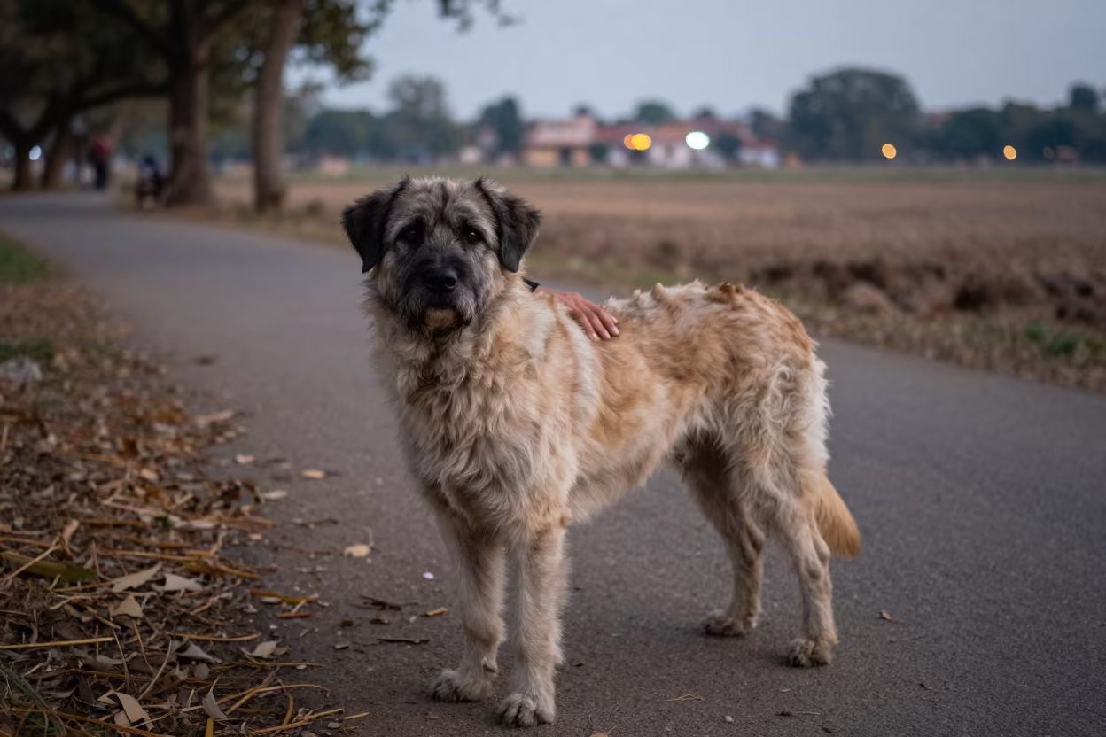 Portuguese Sheepdog Portrait on Twilight Park Path in along a quiet park path with soft open shade and a clean background near Vizianagaram