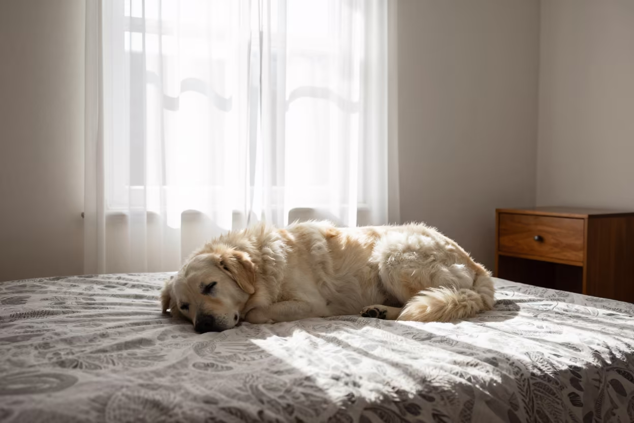 Portuguese Sheepdog Resting on Bedspread Near Window in on a bedspread near a bright window with calm indoor light in Soweto