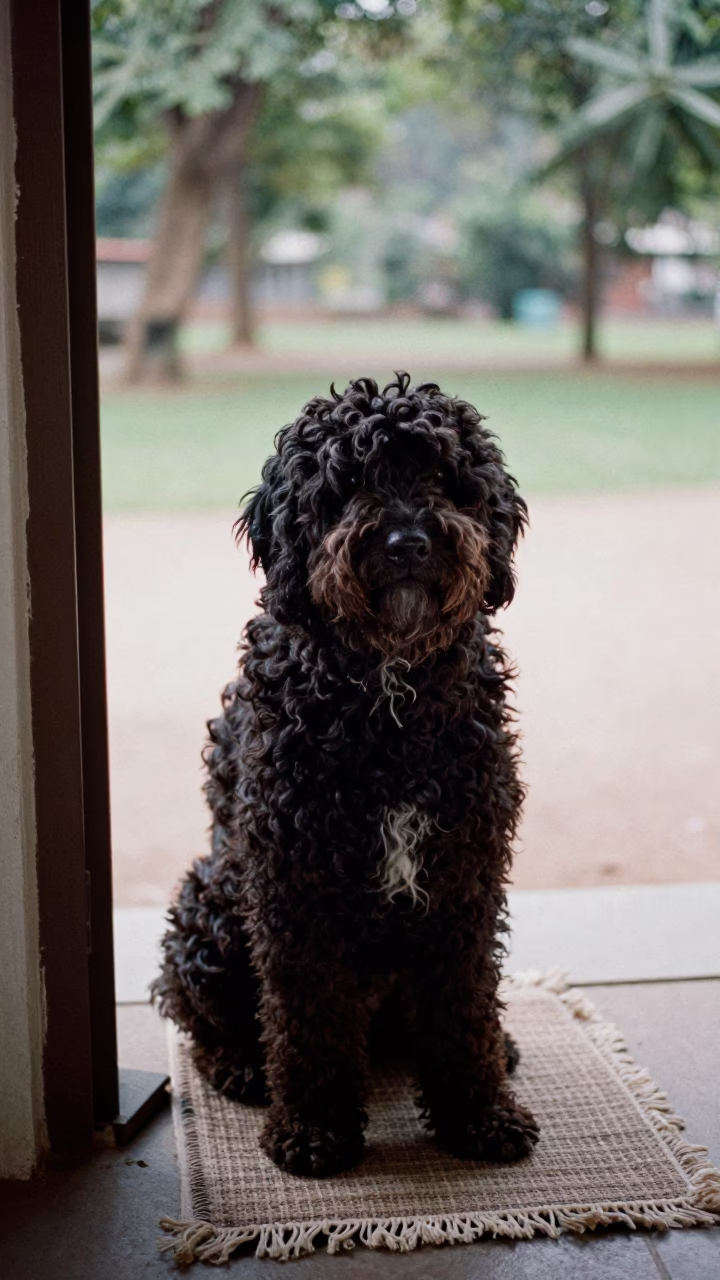 Portuguese Water Dog on Noida Porch with Gravel in along a quiet park path with soft open shade and a clean background in Noida