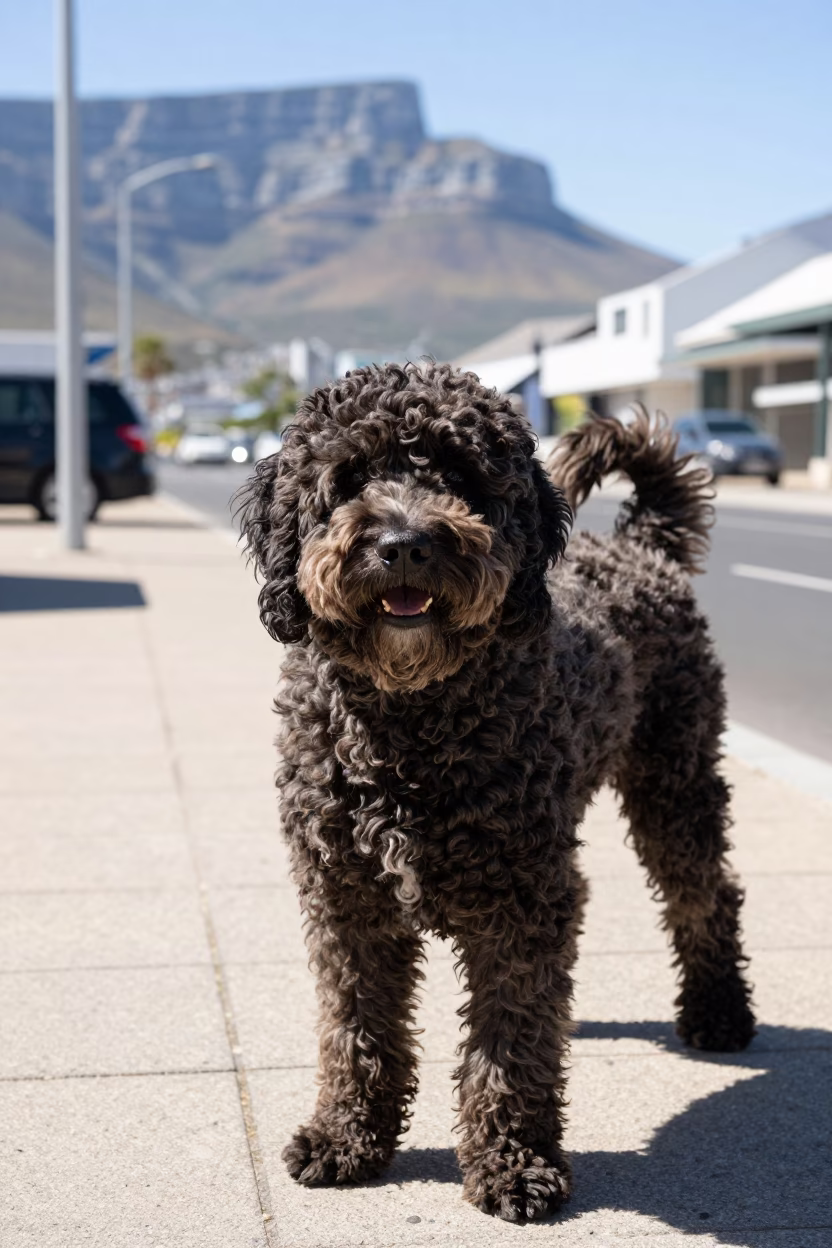 Portuguese Water Dog Playing in Cape Town Street Sunlight in in Cape Town, South Africa