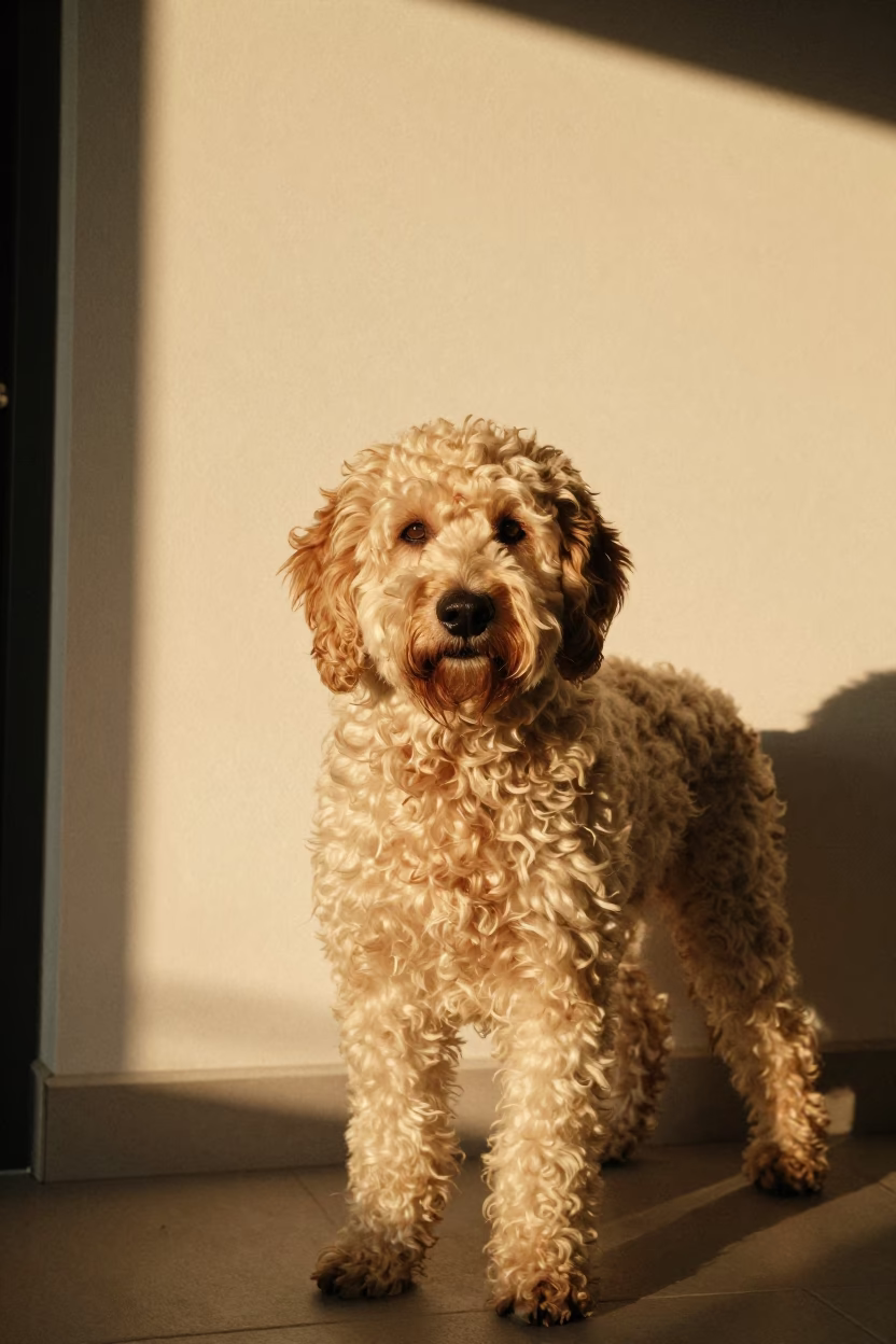 Portuguese Water Dog Portrait in Aden Indoor Light in beside a plain plaster wall in soft indoor light with the animal centered in frame in Aden