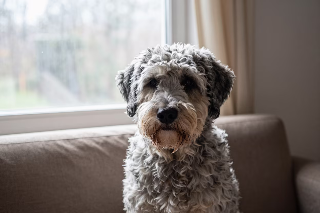 Portuguese Water Dog Portrait in Kosti Sofa in on a sofa near a curtained window with calm indoor light in Kosti
