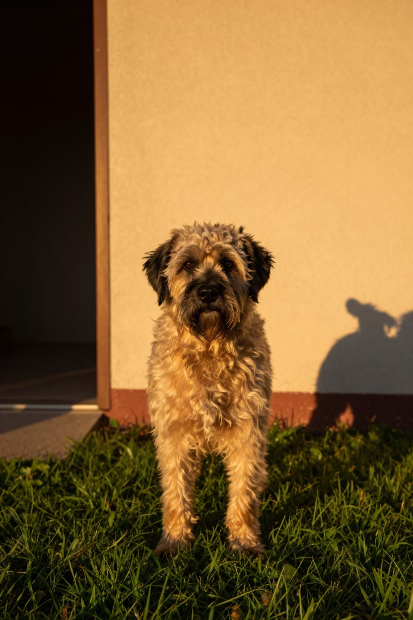 Portuguese Water Dog Portrait in Ogbomosho Yard in in a small yard with clipped grass, calm light, and the animal centered in frame near Ogbomosho