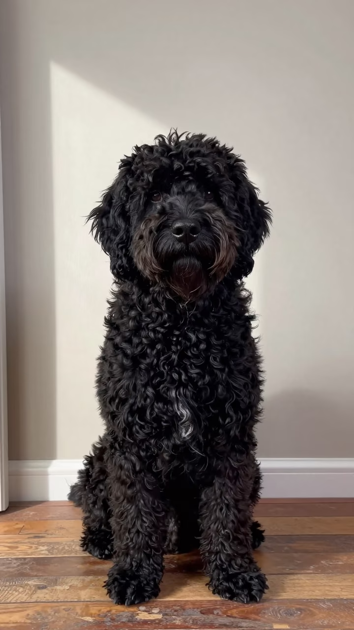 Portuguese Water Dog Portrait with Doorway Shadow in beside a plain plaster wall in soft indoor light with the animal centered in frame near Xian