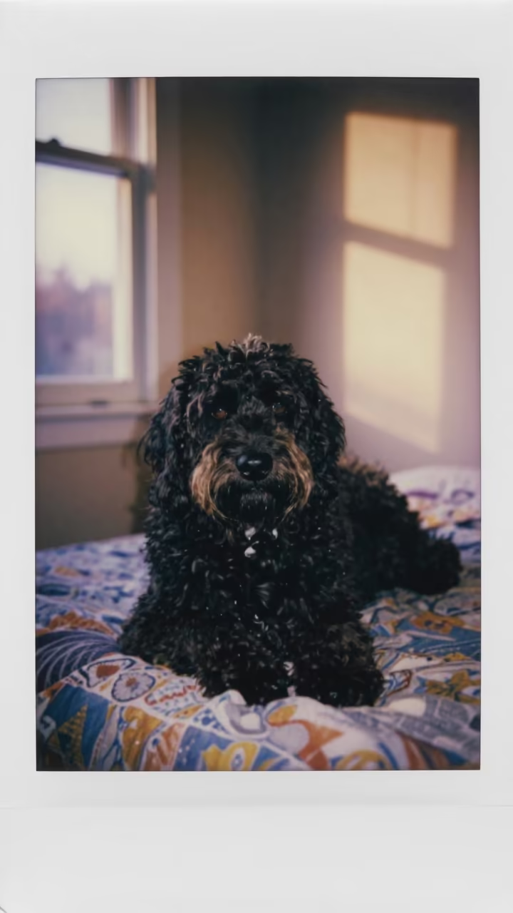 Portuguese Water Dog Resting on Bedspread Near Window in on a bedspread near a bright window with calm indoor light near Bissau