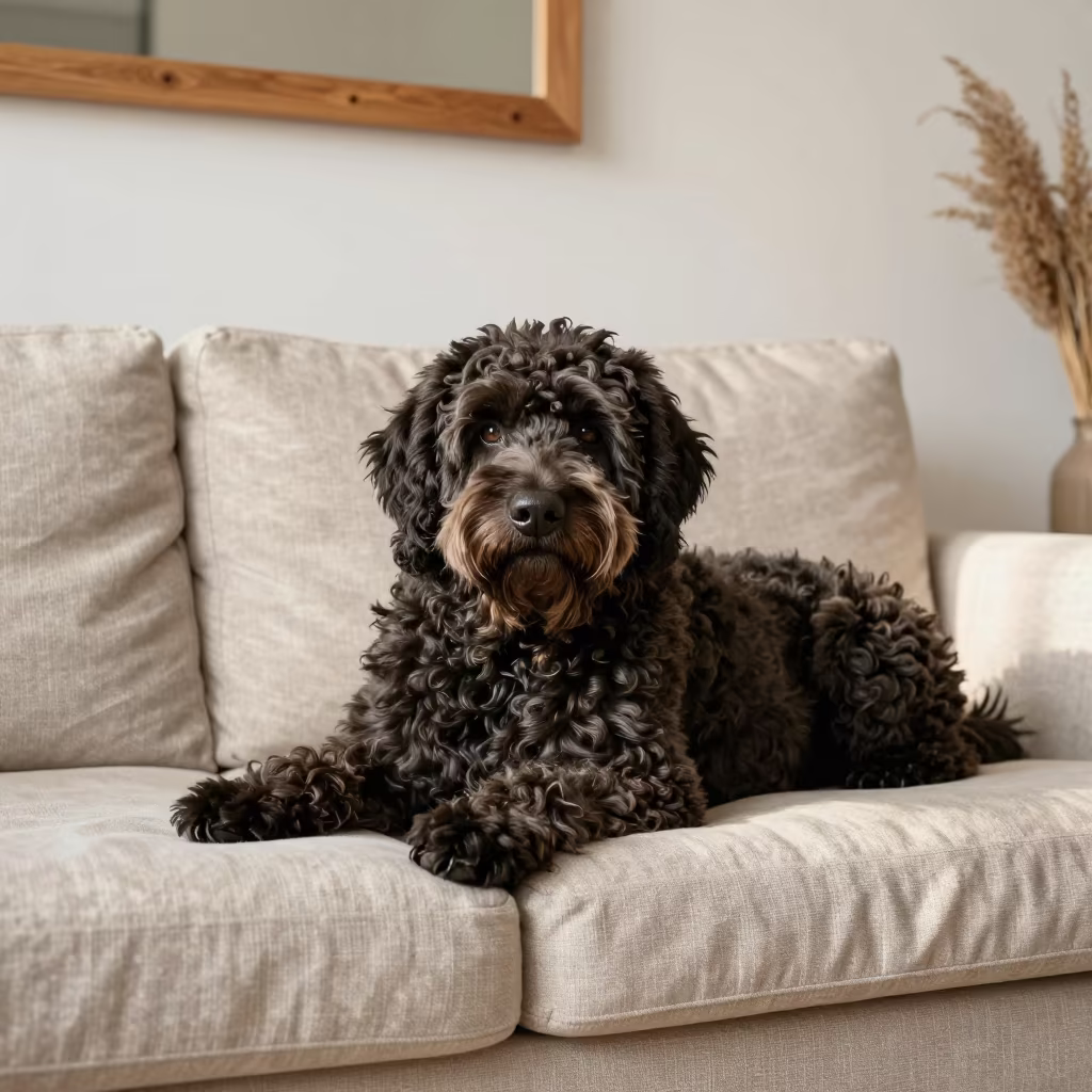 Portuguese Water Dog Resting on Linen Sofa in Phrae in on a linen sofa with daylight from a nearby window near Phrae