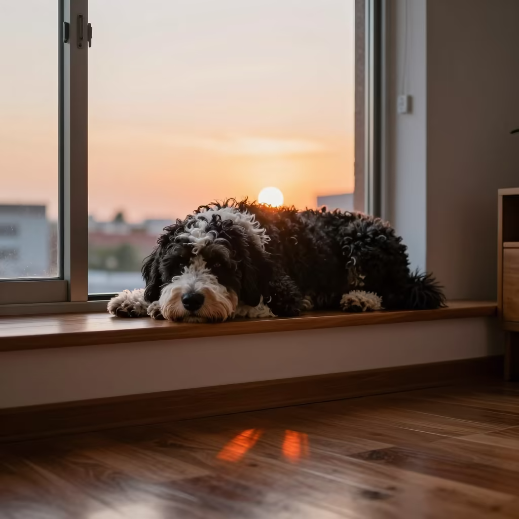 Portuguese Water Dog Sunset Window Seat Chiclayo in on a window seat in a quiet apartment with soft side light in Chiclayo