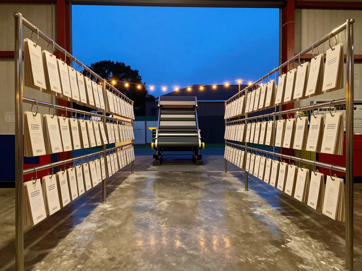 Postal Hamper Tag Rail in Winter Blue Hour in at a parcel sorting belt near Devonport, Auckland