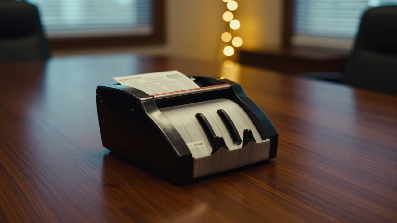 Postal Meter on Boardroom Table Benguela Night in at a boardroom table before a meeting in Benguela