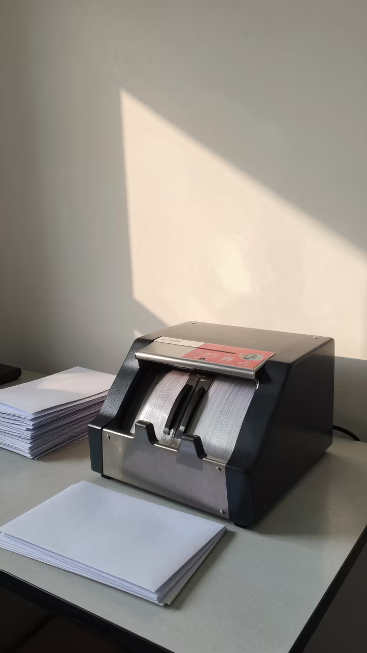 Postal Meter Counter in Late Afternoon Office Light in in an operations center under monitor glow near Noida