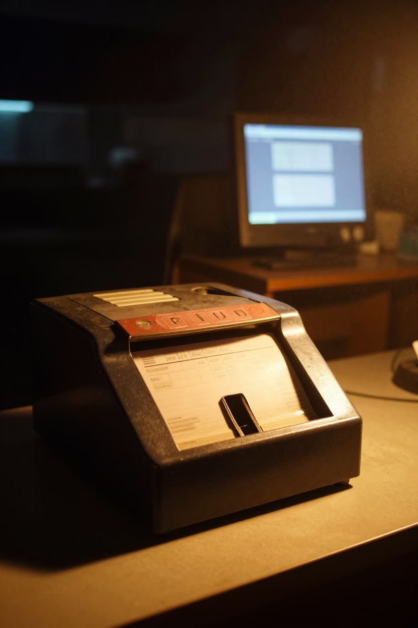 Postal Meter Counter Night in Haikou Office in in an operations center under monitor glow in Haikou