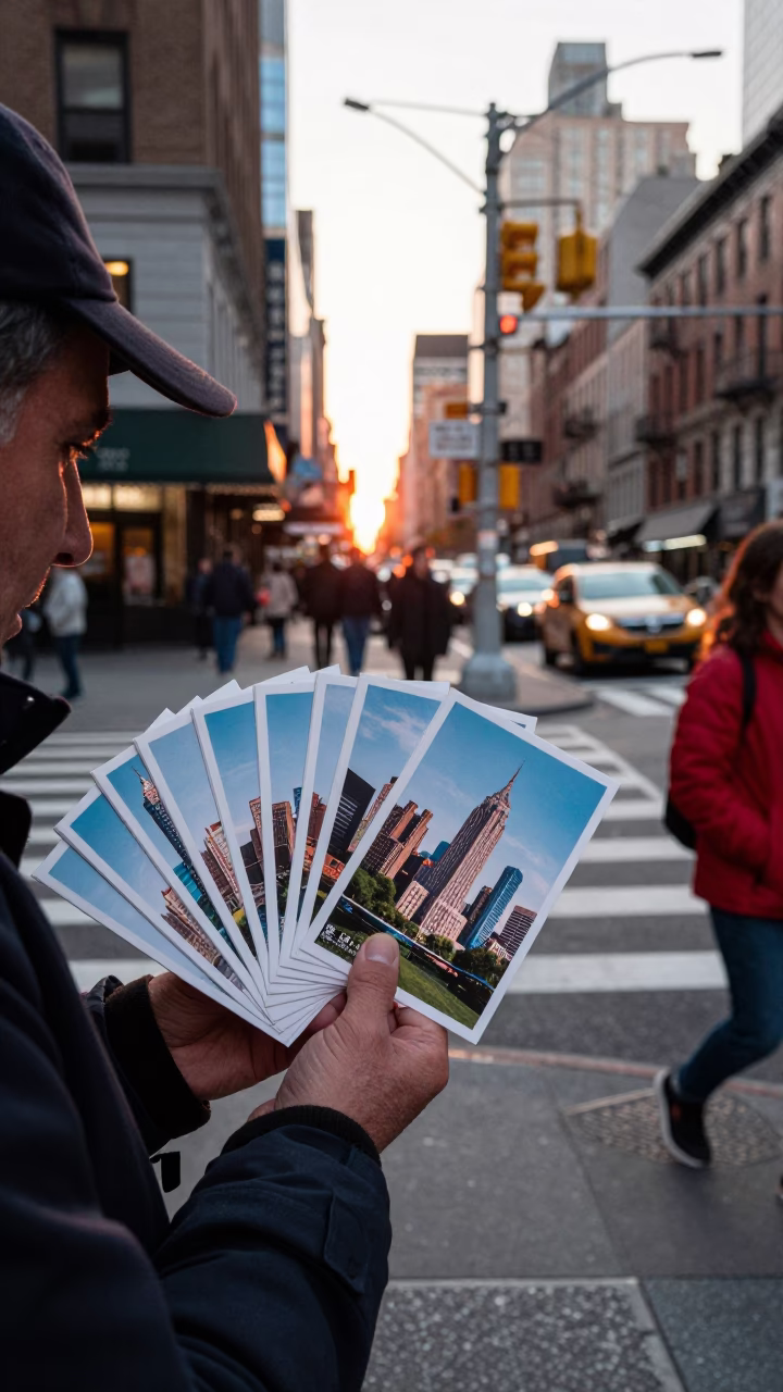 Postcard Sales in New York at Sunset Light in in New York, New York, United States