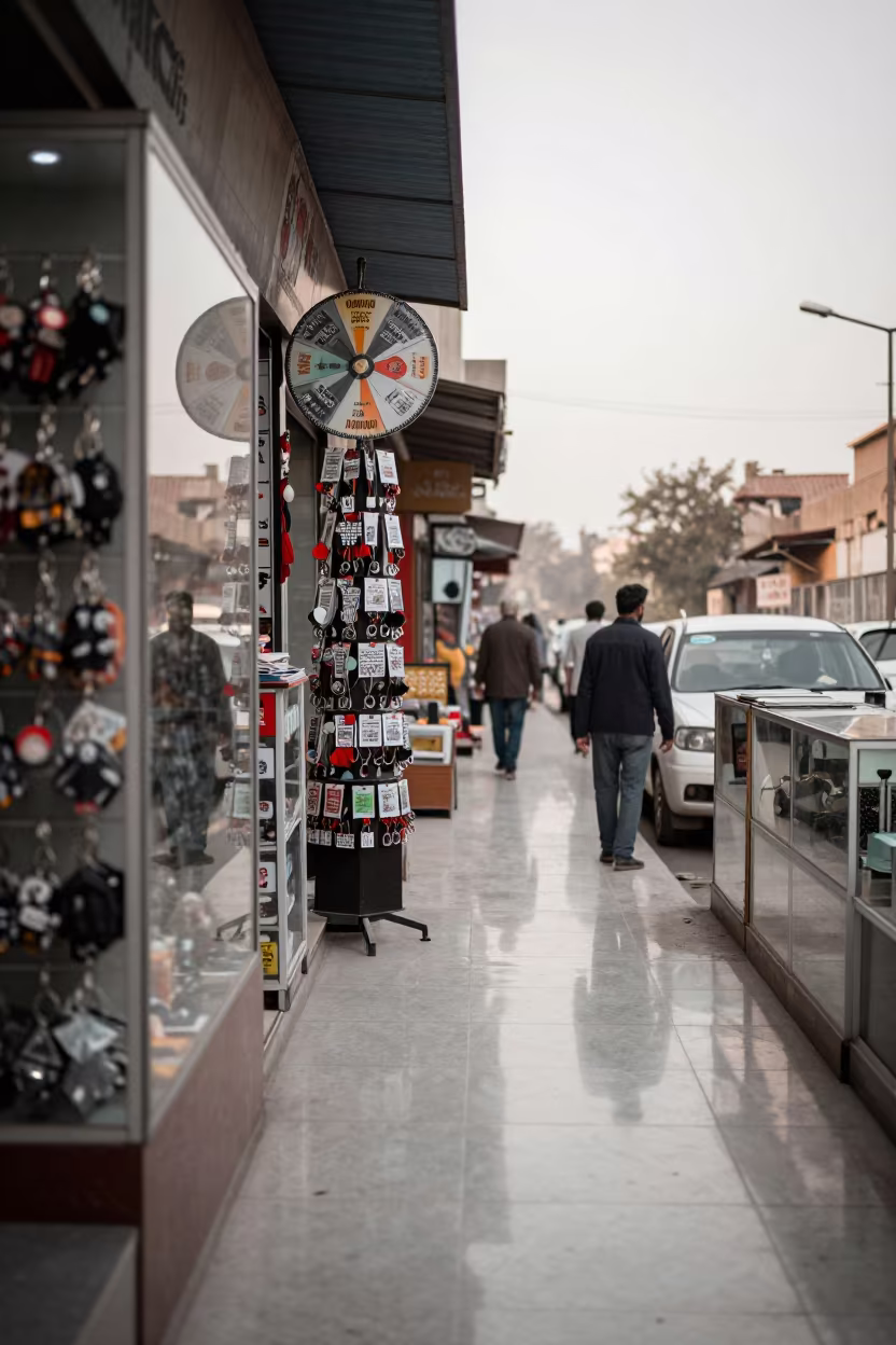 Postcard Spinner and Glass Case in Multan Shop in inside a fitting room corridor near Multan