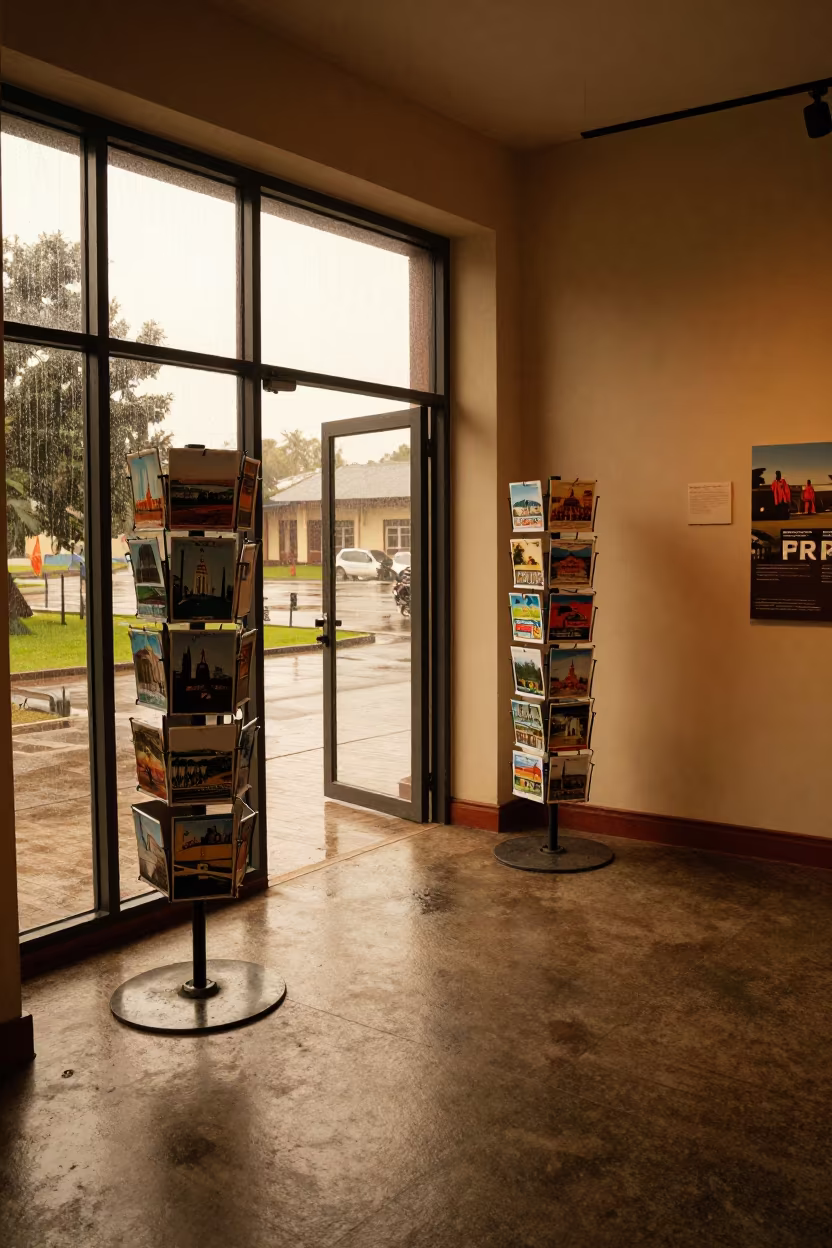 Postcard Spinner in Kasama Museum Corridor in inside a fitting room corridor in Kasama