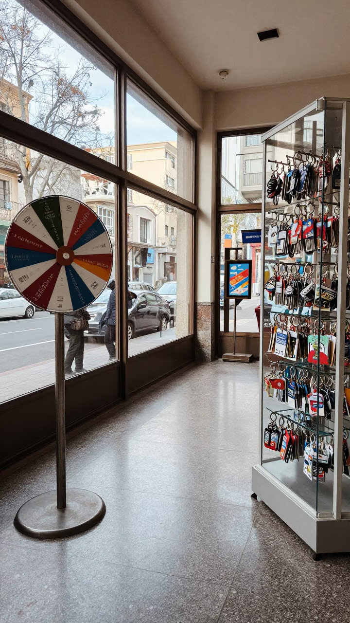 Postcard Spinner and Keychain Case in Santiago Shop in inside a fitting room corridor in Lastarria, Santiago