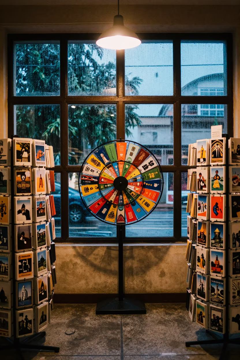 Postcard Spinner in Pétion-Ville Shop Evening in inside a storefront prepared for opening in Pétion-Ville