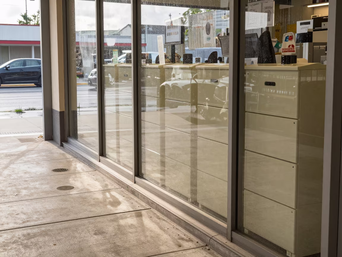 Poster Tube Cubbies Along Wet Storefront Glass in along a storefront glass line on a wet street near Concordia
