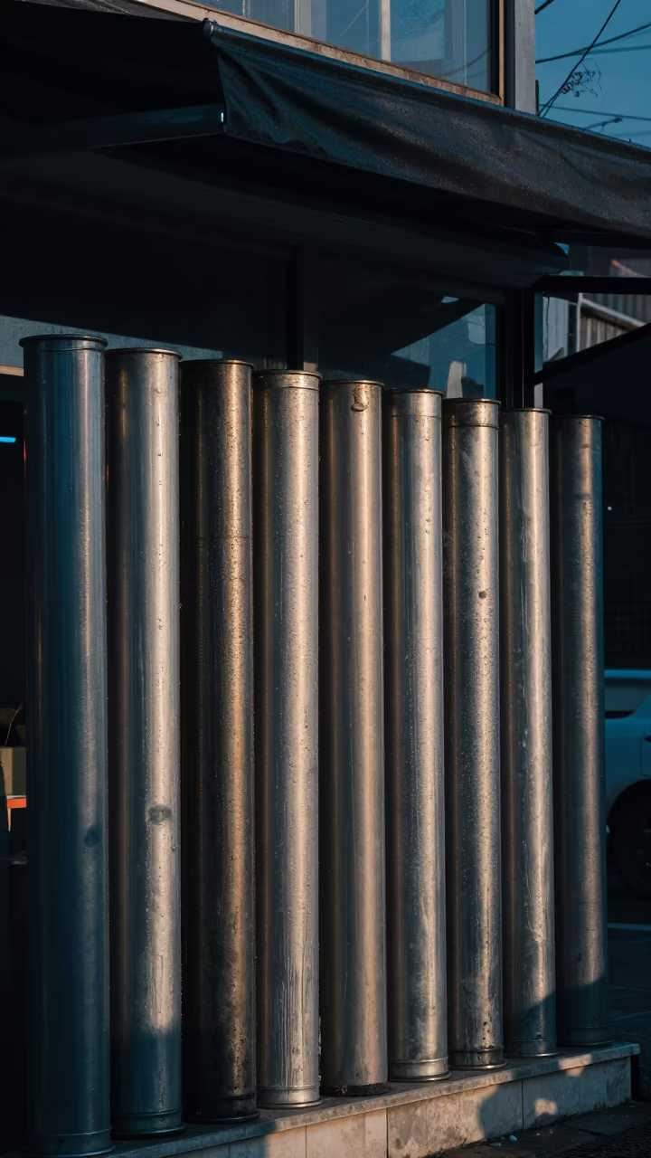 Poster Tube Cubby in Blue Hour Drizzle in beneath a shop awning at blue hour near Aydın