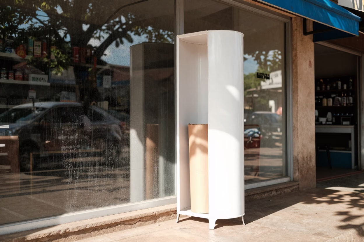 Poster Tube Cubby Rainy Afternoon Light in beneath a shop awning at blue hour near Kigoma