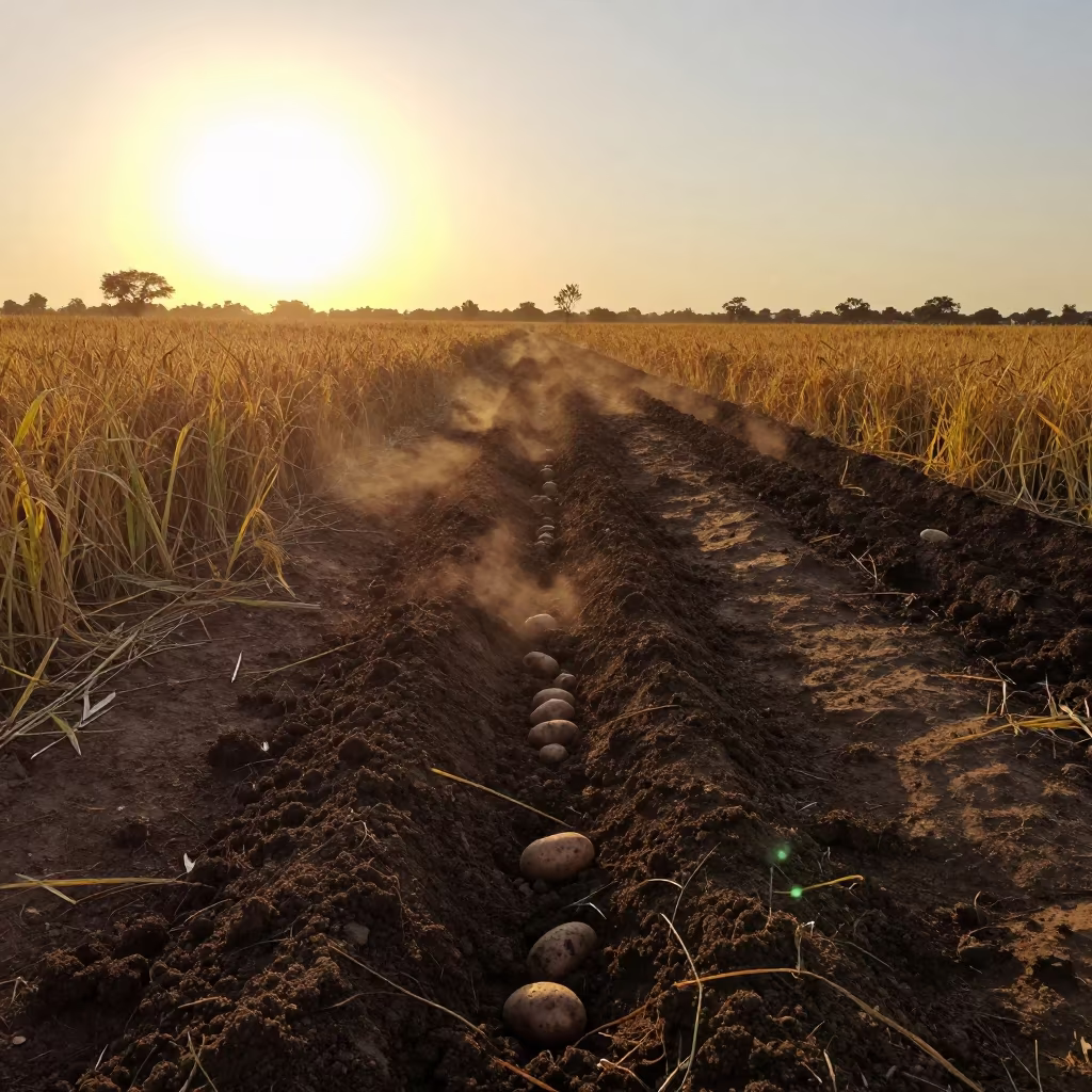 Potato Furrow at Sunset in Niger Harvest in along freshly irrigated rows in Niger