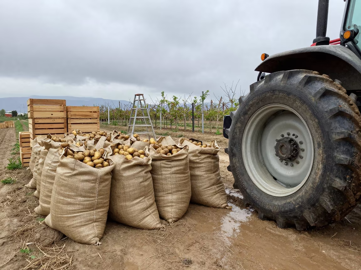 Potato Harvest Sacks Piled Near Tractor Tire in among orchard ladders and crates in Athens