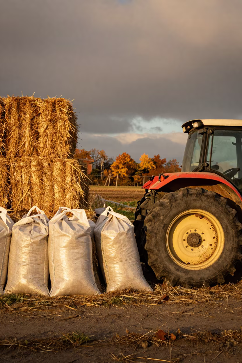 Potato Sacks and Tractor Tire Near Naples Hay in beside stacked hay bales near Vomero, Naples