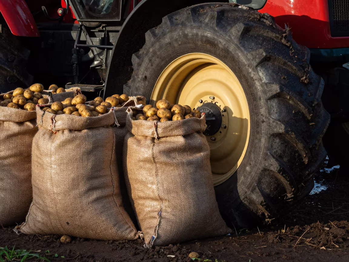 Potato sacks beside tractor tire in winter shadow in beside a tractor track through dark soil in Geelong