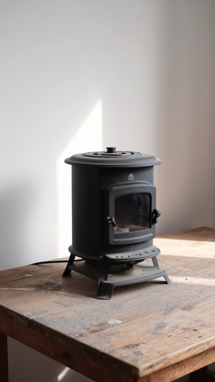 Potbelly Stove on Dusty Library Table in Haikou in on a dusty library table in Haikou