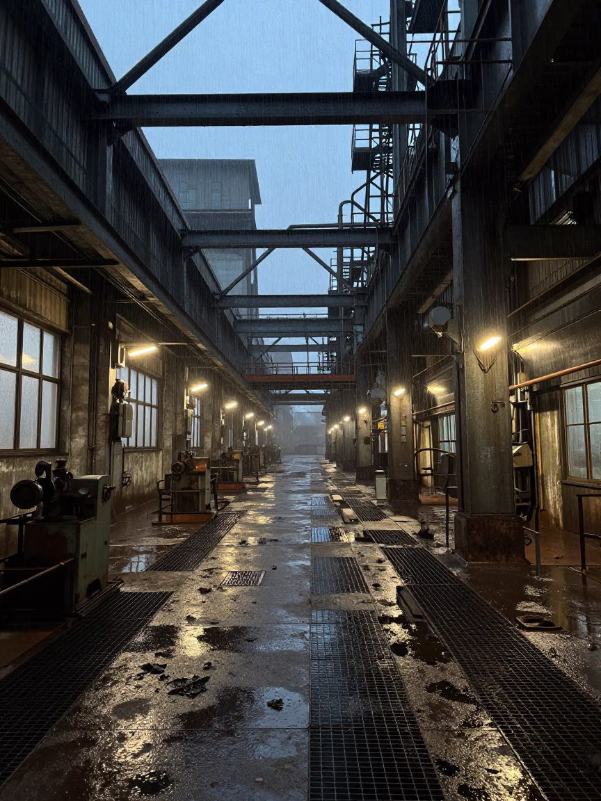 Potosi Factory Floor Dawn Light Through Curtains in on a scaffold platform near Potosi