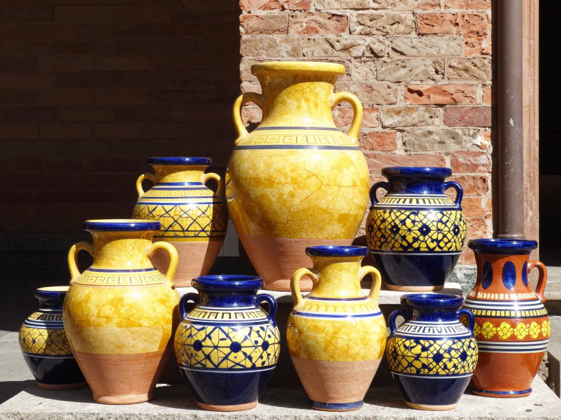 Pots Displayed in Bologna at Bright Midmorning Light in in Bologna, Italy