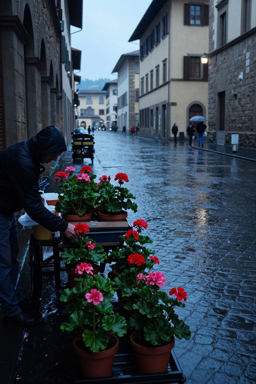 Potted Geraniums at Dusk Light in Florence in in Florence, Italy