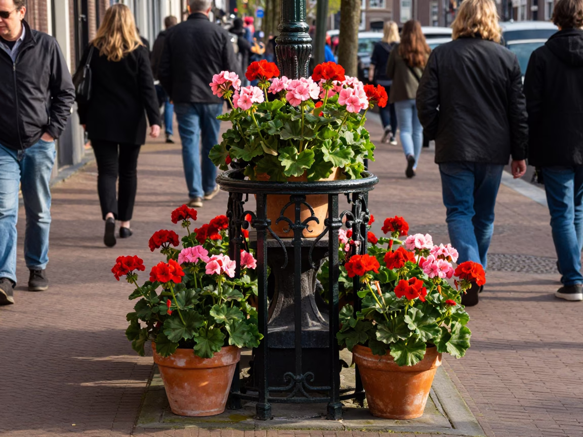 Potted Geraniums in Amsterdam at The Early Afternoon Light in in Amsterdam, Netherlands